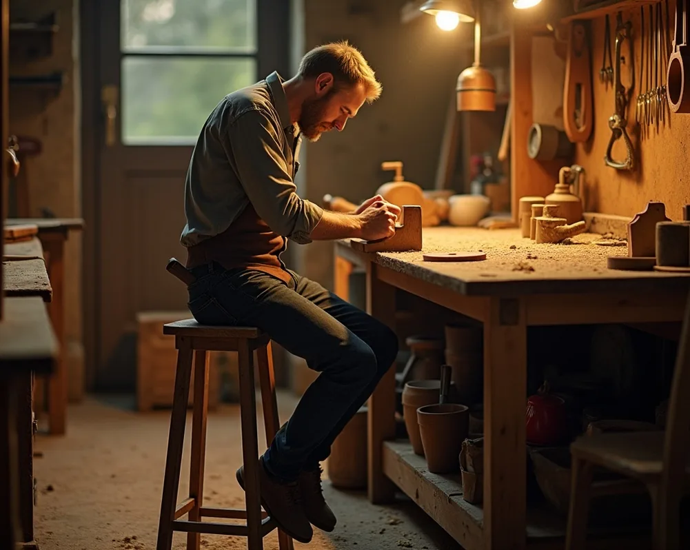 Carpenter seated on tall saddle stool at heavy wooden workbench