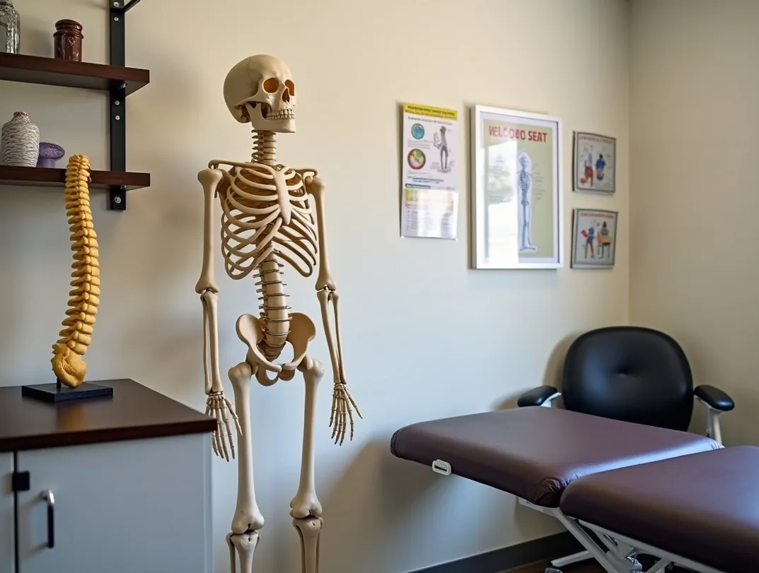 Consultation room with spine model and ergonomic saddle chair