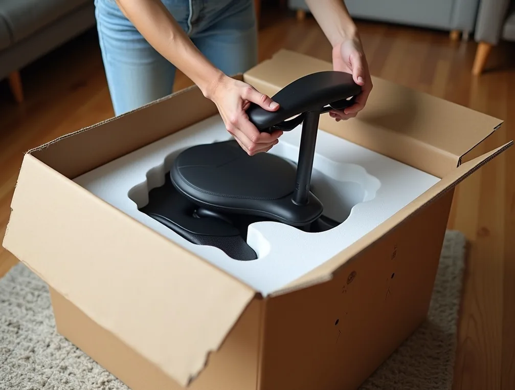 Delivery box being unboxed with ergonomic saddle chair parts on living room floor