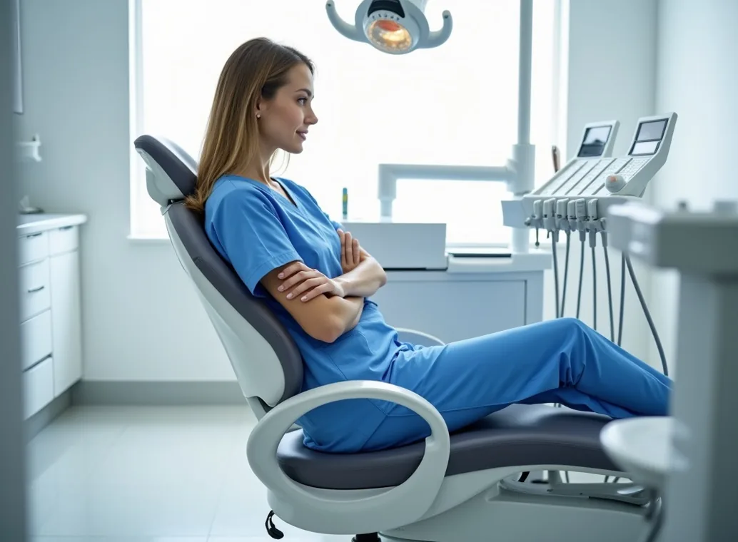 Female dentist seated on saddle stool in a modern dental clinic