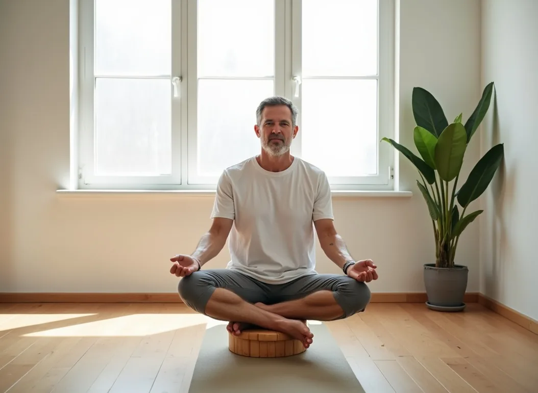 Middle aged man doing gentle seated stretches on saddle stool in sunlit room