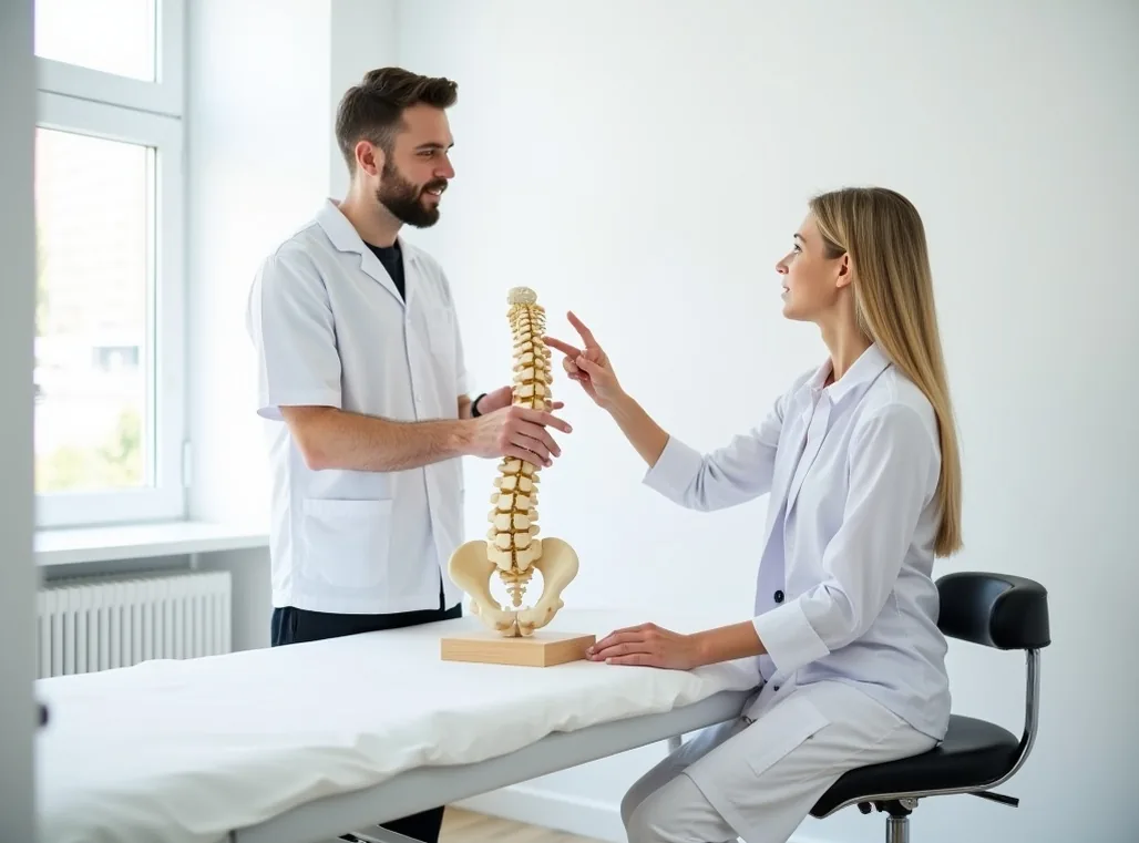 Expert pointing at spine anatomy model next to ergonomic saddle chair in clinic