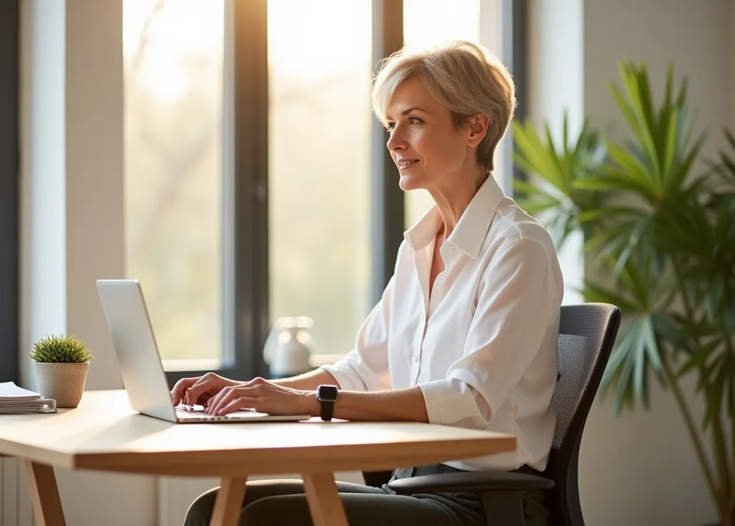 Professional woman sitting upright on a modern ergonomic saddle chair at desk