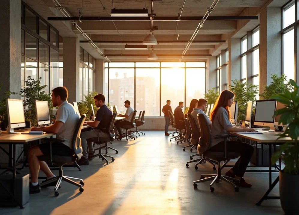 Open plan office with employees using ergonomic saddle chairs at adjustable desks