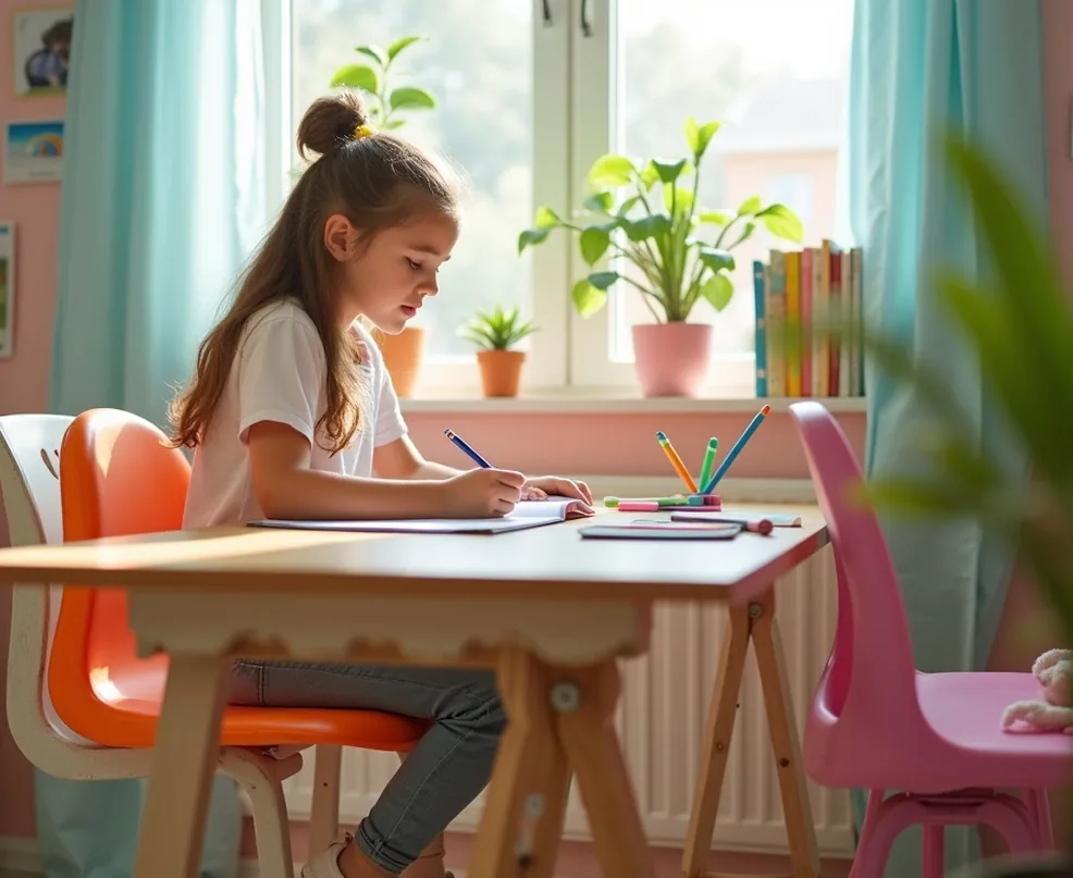 Teenage girl doing homework on colorful junior ergonomic saddle chair