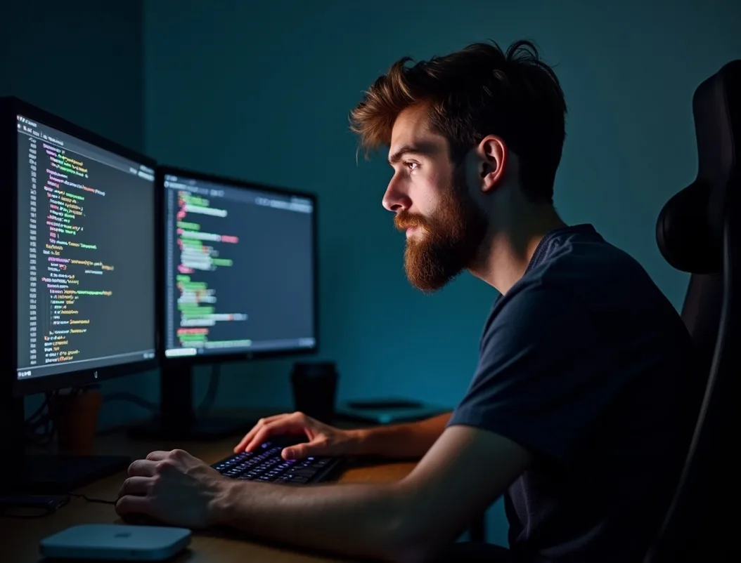 Young software developer working on saddle chair at desk