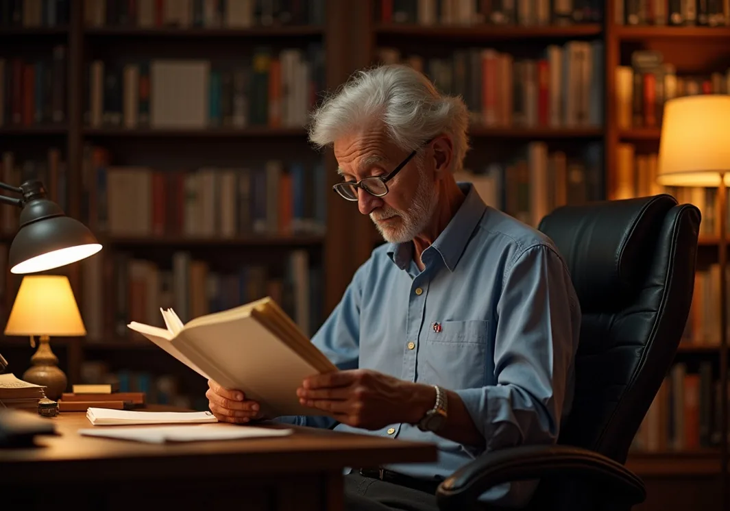 Older gentleman with silver hair and reading glasses seated on ergonomic saddle chair