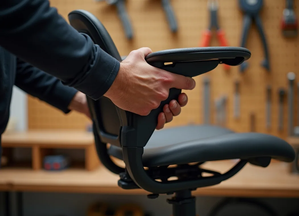 Two hands adjusting the height lever of an ergonomic saddle chair