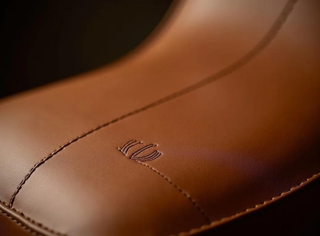 Close macro shot of premium leather stitching on saddle chair seat surface