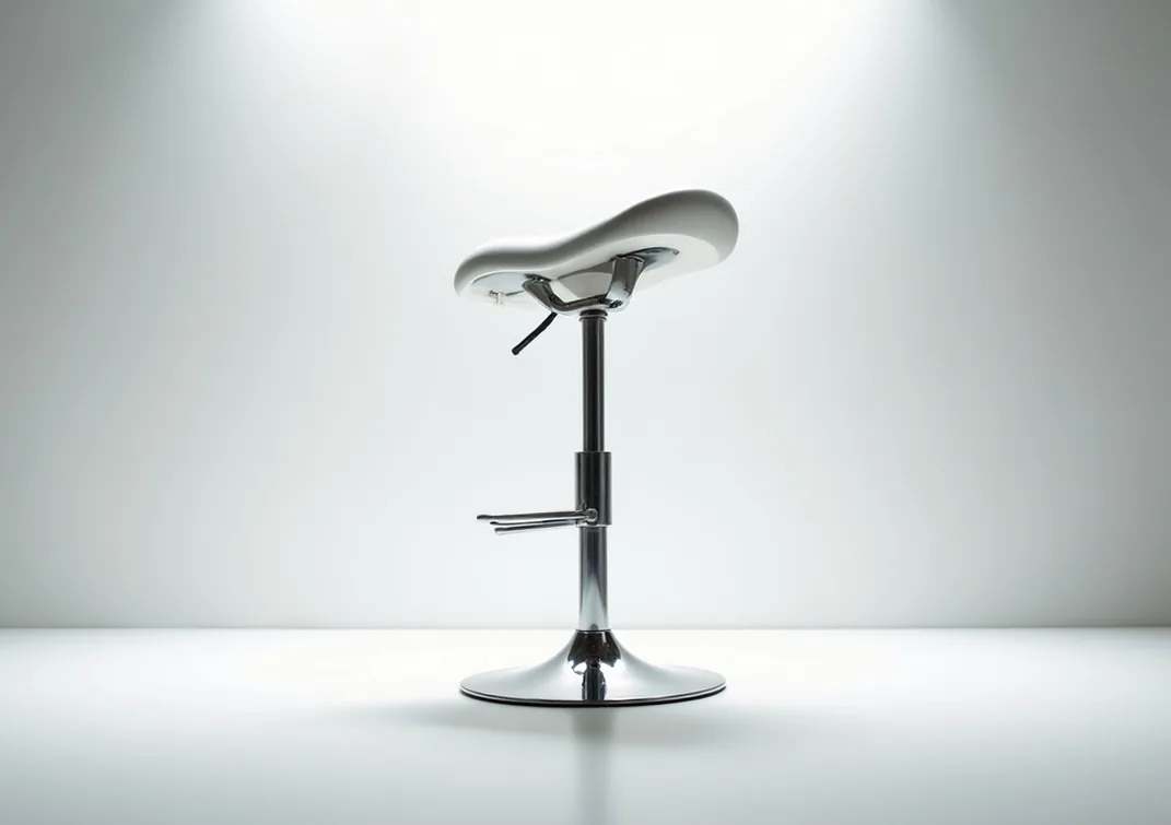 Dramatic low angle shot looking up at ergonomic saddle stool