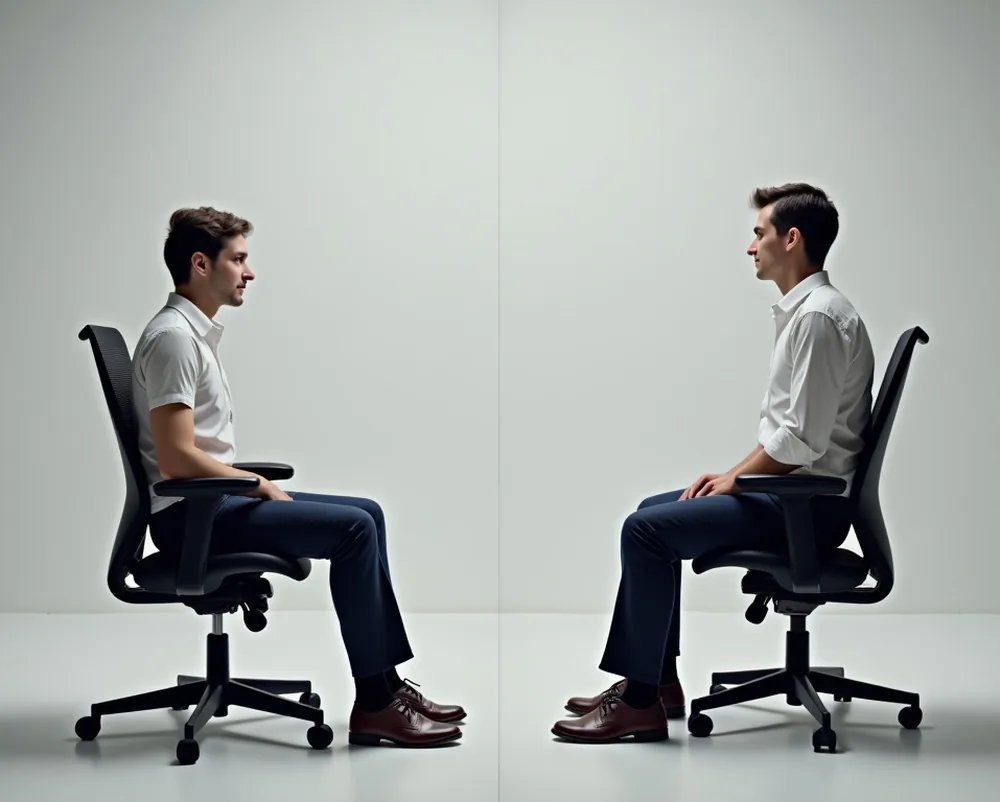 Split comparison of regular office chair versus ergonomic saddle chair posture